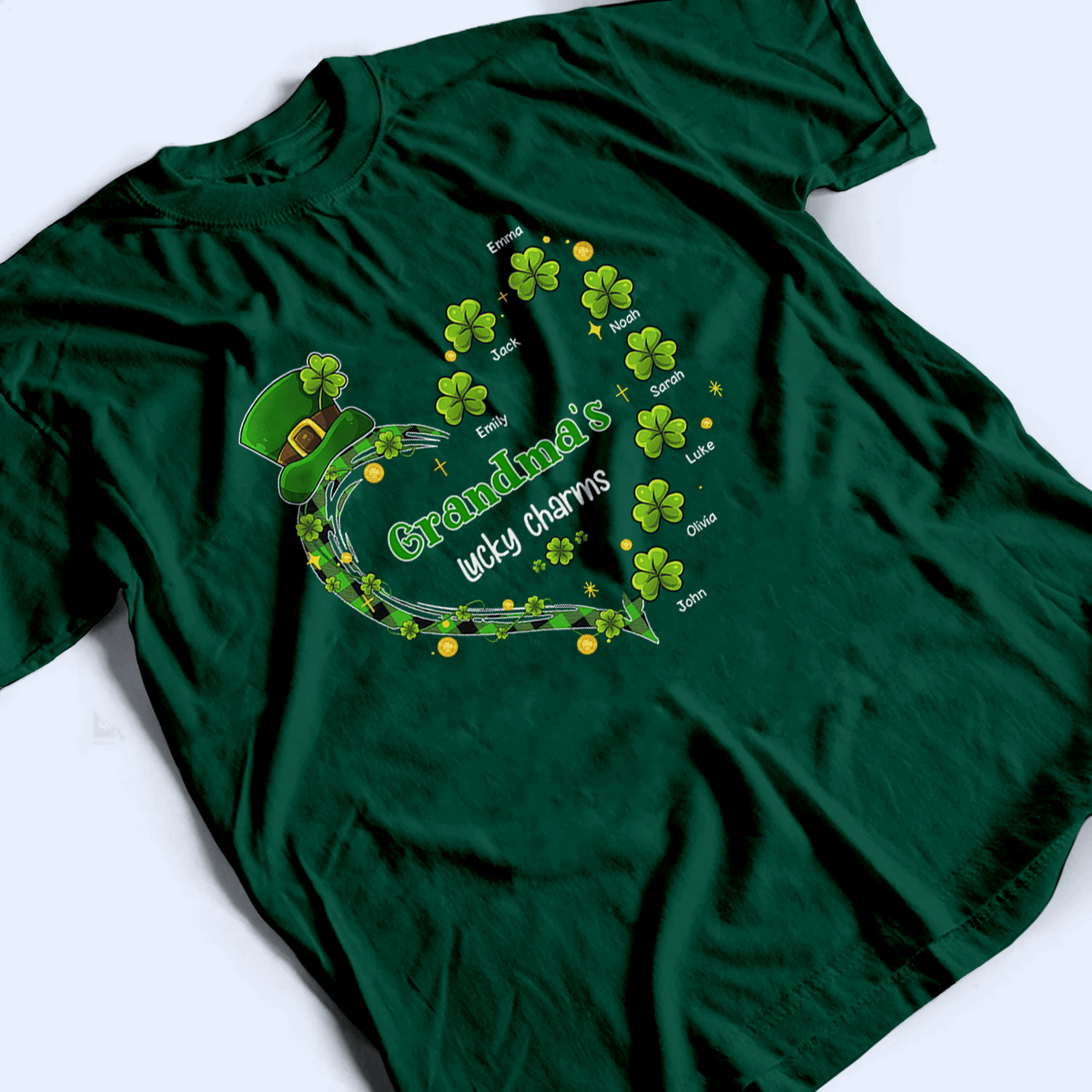 Grandma's Lucky Charms Shamrock St. Patrick's Day - Personalized Custom T Shirt - St. Patrick's Day, Birthday, Loving, Funny Gift for Grandma/Nana/Mimi, Mom, Wife, Grandparent - Suzitee Store