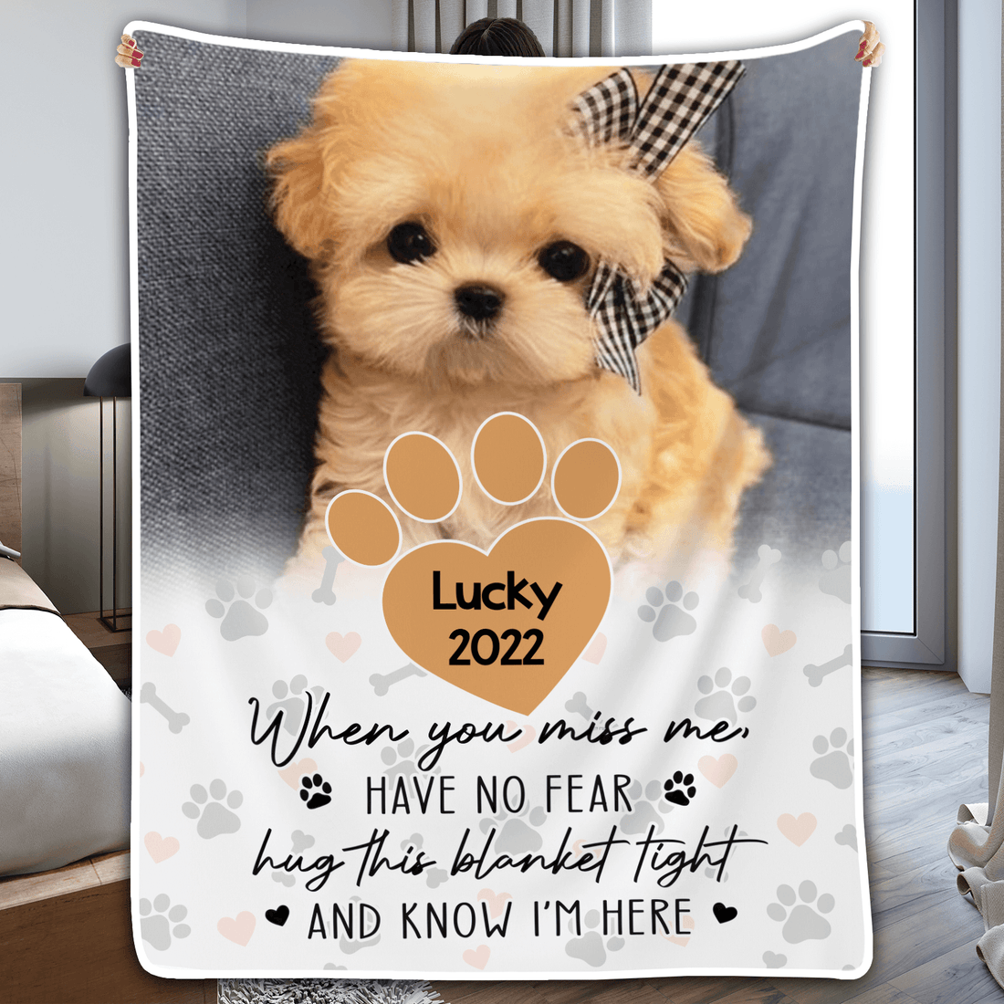 Custom Photo Memorial Pet When You Miss Me, Hug This Blanket fleece blanket, held up in a bright room