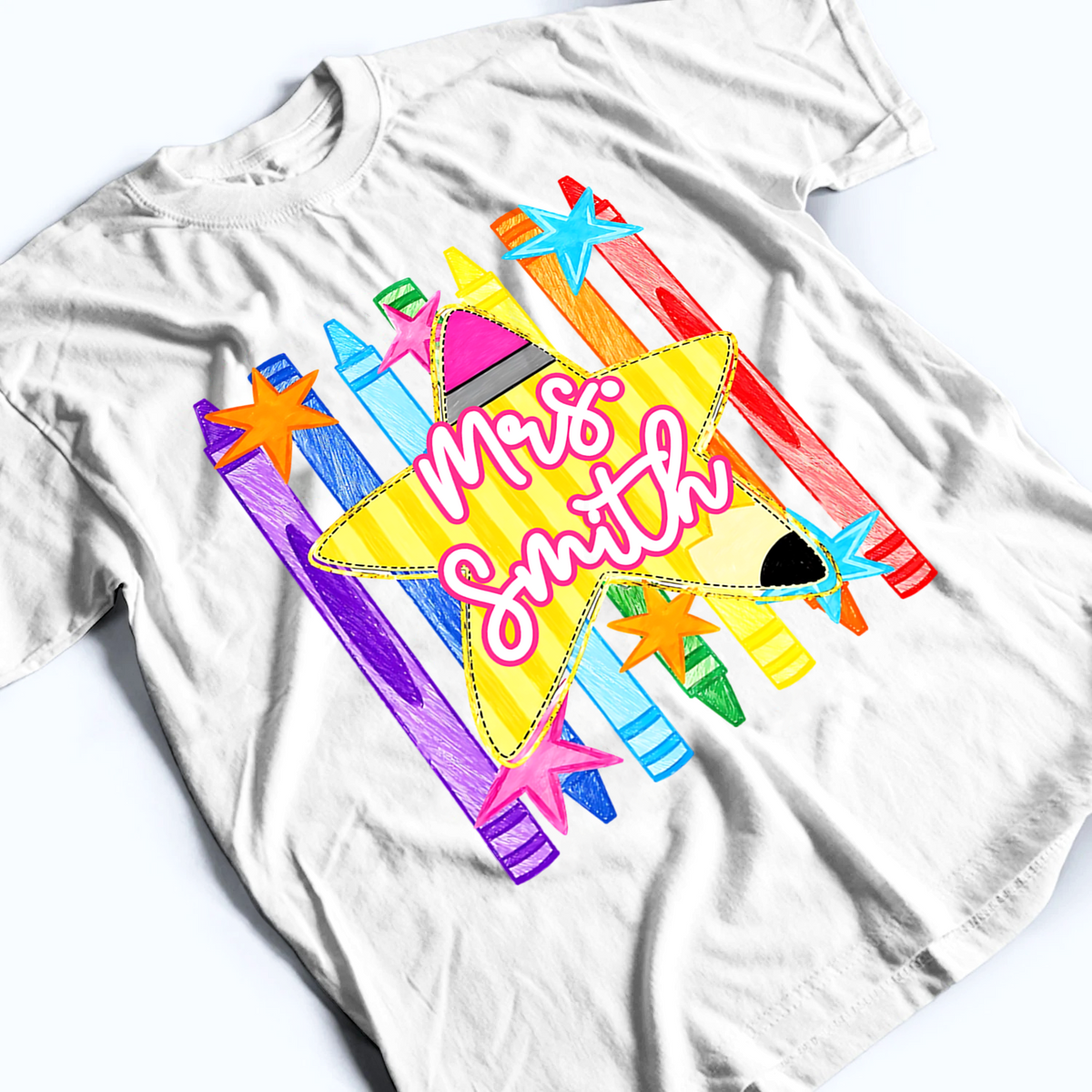 Striped Custom Teacher Name Pencil Crayons - Personalized Custom Shirt - Back To School Gift For Teachers, Educators