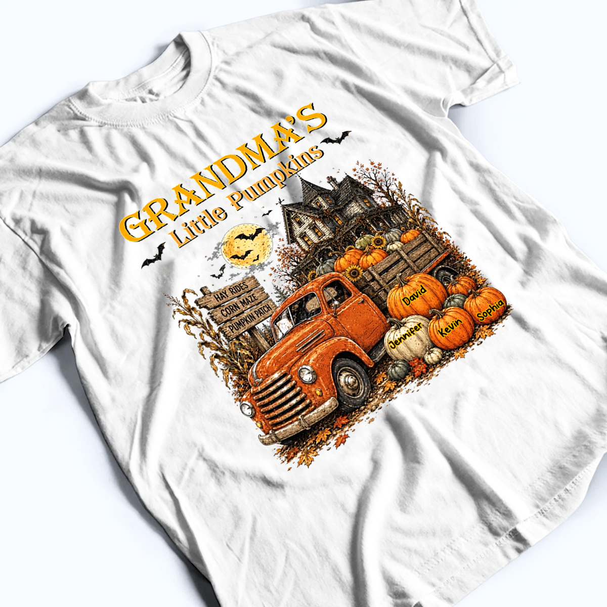 Retro Vintage Farmhouse Grandma's Little Pumpkins Truck - Personalized Custom T Shirt - Fall Season, Halloween Gift for Grandma/Nana/Mimi, Mom, Wife