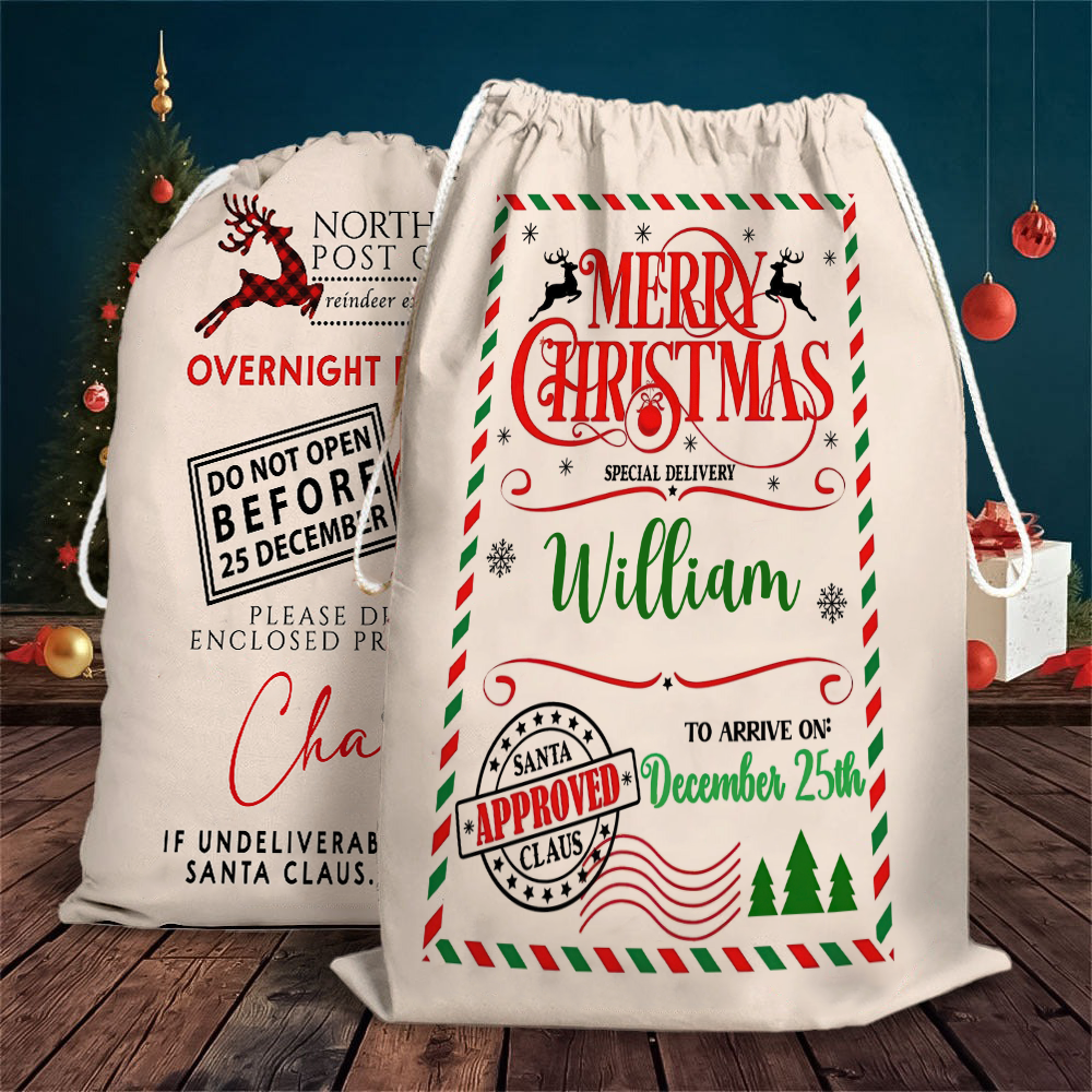 Custom Name Merry Christmas Santa Gift Bag - Personalized Santa Sack - Christmas Gift For Family, Kids, Grandkids