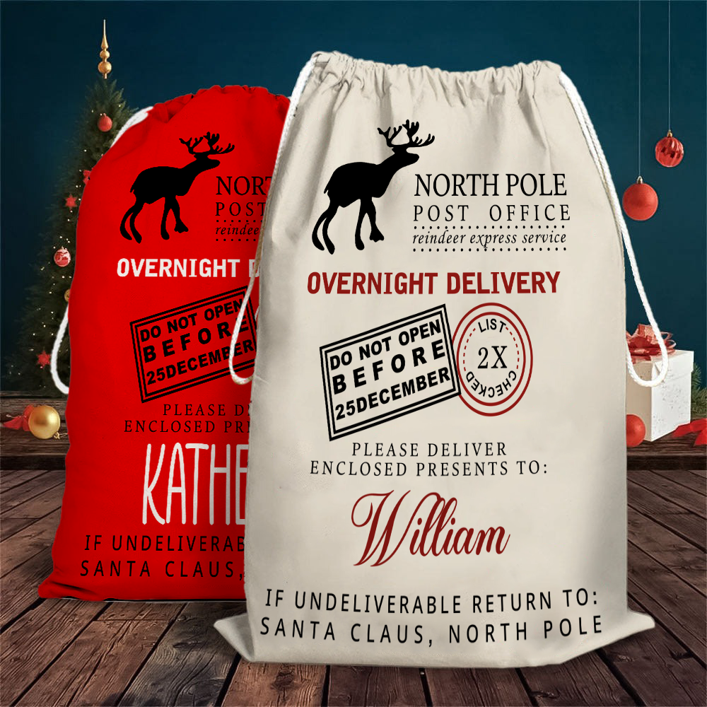 Custom Name North Pole Post Office Santa Gift Bag - Personalized Santa Sack - Christmas Gift For Family, Kids, Grandkids