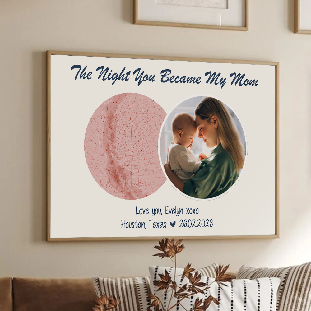 Custom Photo The Night You Became My Mom poster, framed in a bright living room