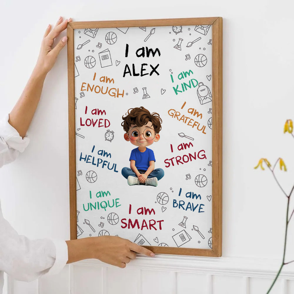 Personalized I Am Enough, Loved, Helpful, Unique, Smart canvas print, a woman hanging the framed print on a wall