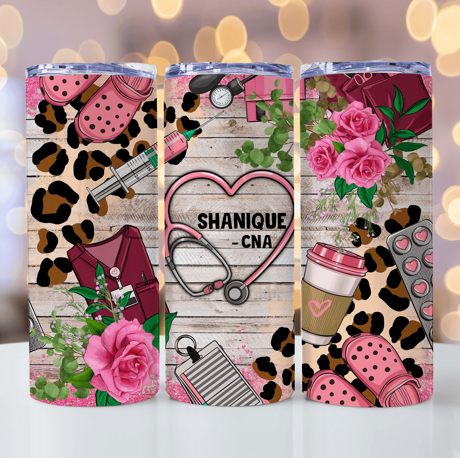 Pink Leopard Prints Lace Floral Nurse - Personalized Custom 20oz Skinny Tumbler Cup - Birthday, Loving, Funny Gift for Nurse, CNA, Healthcare, Registered RN - Suzitee Store