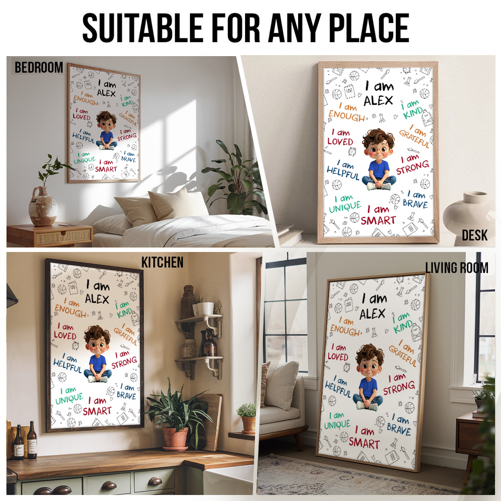 Personalized I Am Enough, Loved, Helpful, Unique, Smart canvas print, room placement ideas for bedroom, desk, kitchen and