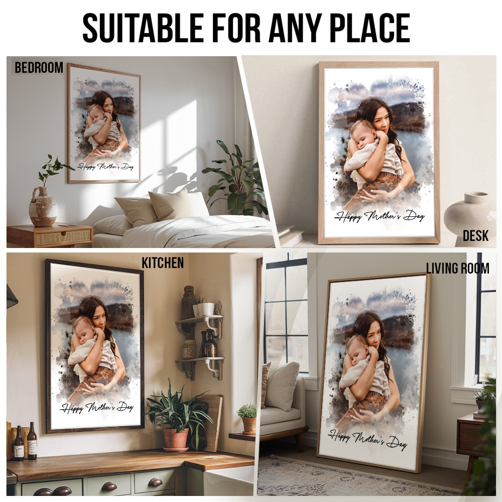 Custom Photo Watercolor Mom Portrait - Personalized Poster/Canvas Print - Gift For Mom, Mother's Day