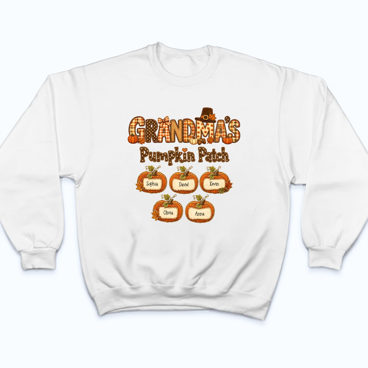 Grandma's Pumpkin Patch Fall Patchwork Pattern - Personalized Custom T Shirt - Fall Season, Halloween Gift for Grandma/Nana/Mimi, Mom, Wife