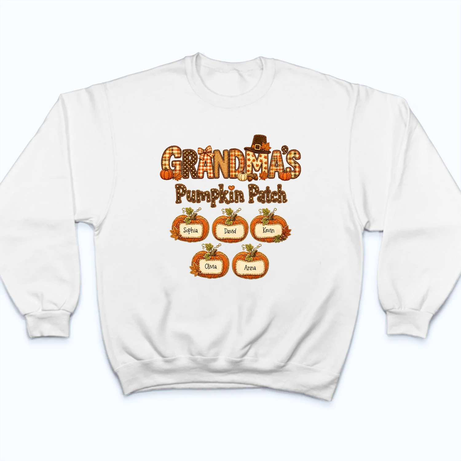 Grandma's Pumpkin Patch Fall Patchwork Pattern - Personalized Custom T Shirt - Fall Season, Halloween Gift for Grandma/Nana/Mimi, Mom, Wife