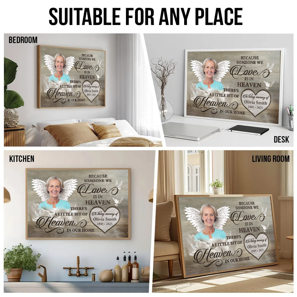 Personalized Custom Photo Love Is In Heaven Loss Of Mom canvas print, room placement ideas for bedroom, desk, kitchen and