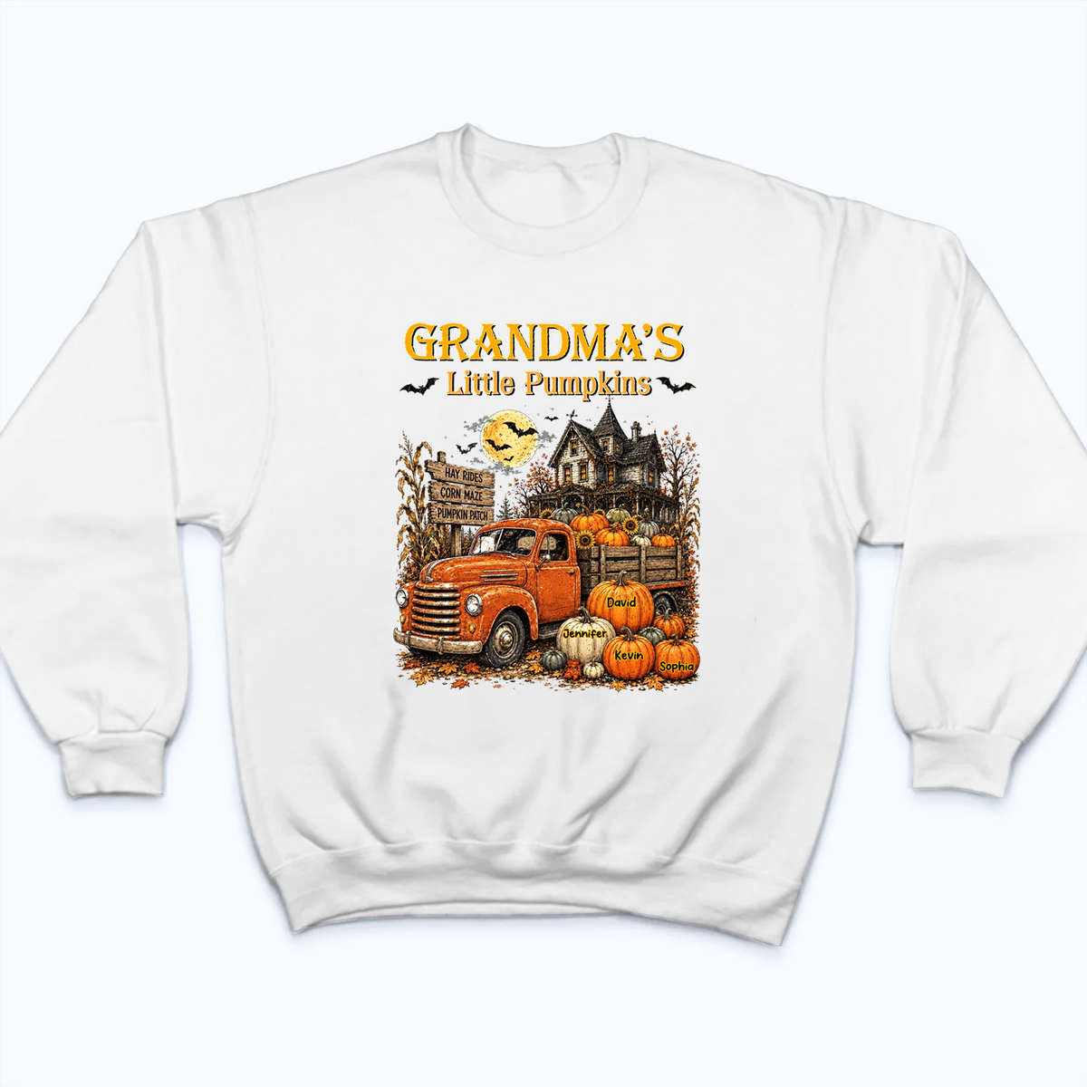 Retro Vintage Farmhouse Grandma's Little Pumpkins Truck - Personalized Custom T Shirt - Fall Season, Halloween Gift for Grandma/Nana/Mimi, Mom, Wife