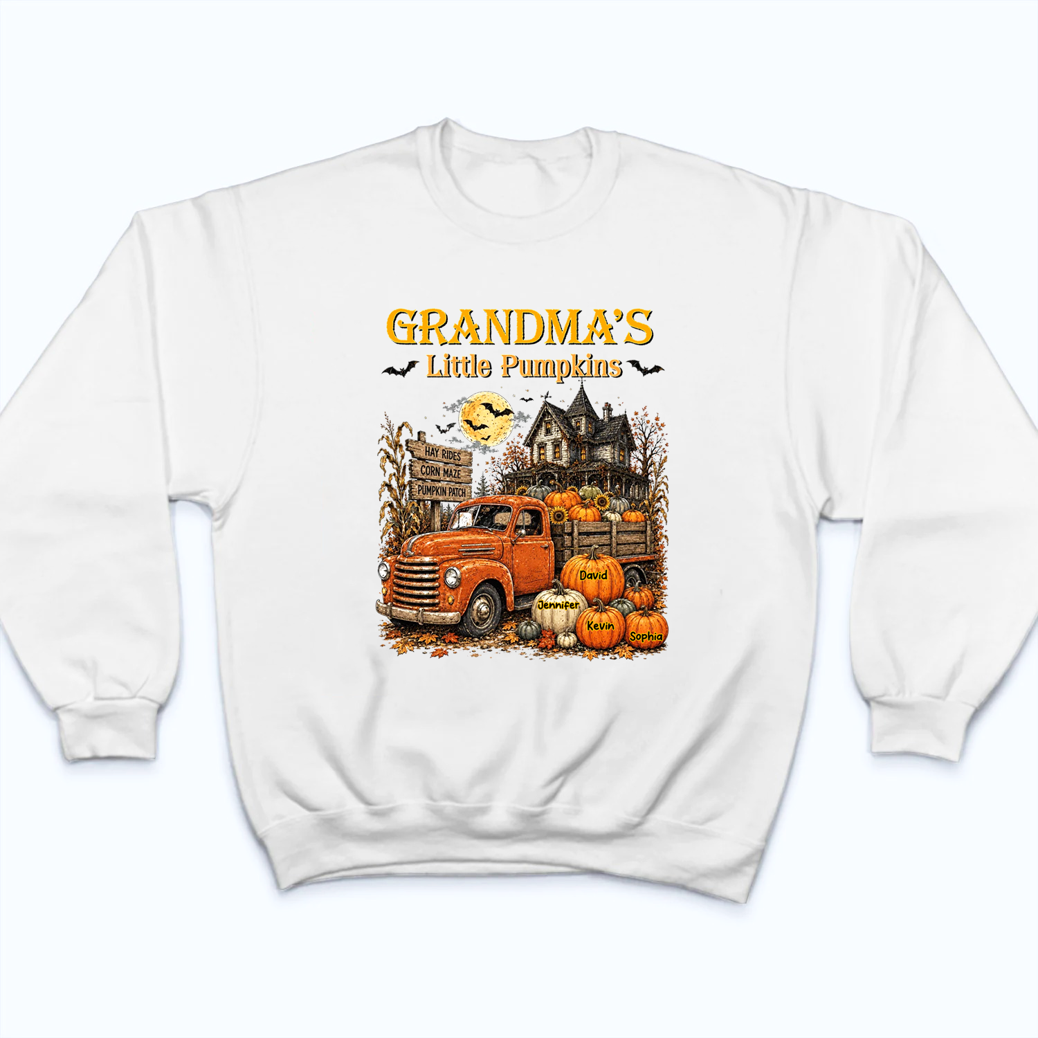 Retro Vintage Farmhouse Grandma's Little Pumpkins Truck - Personalized Custom T Shirt - Fall Season, Halloween Gift for Grandma/Nana/Mimi, Mom, Wife