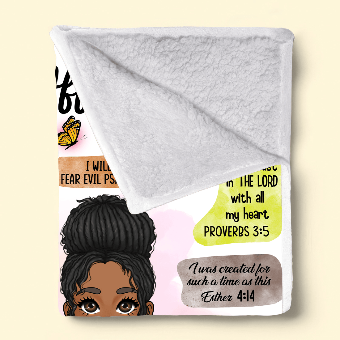 Personalized My Affirmations fleece blanket, sherpa reverse side folded back