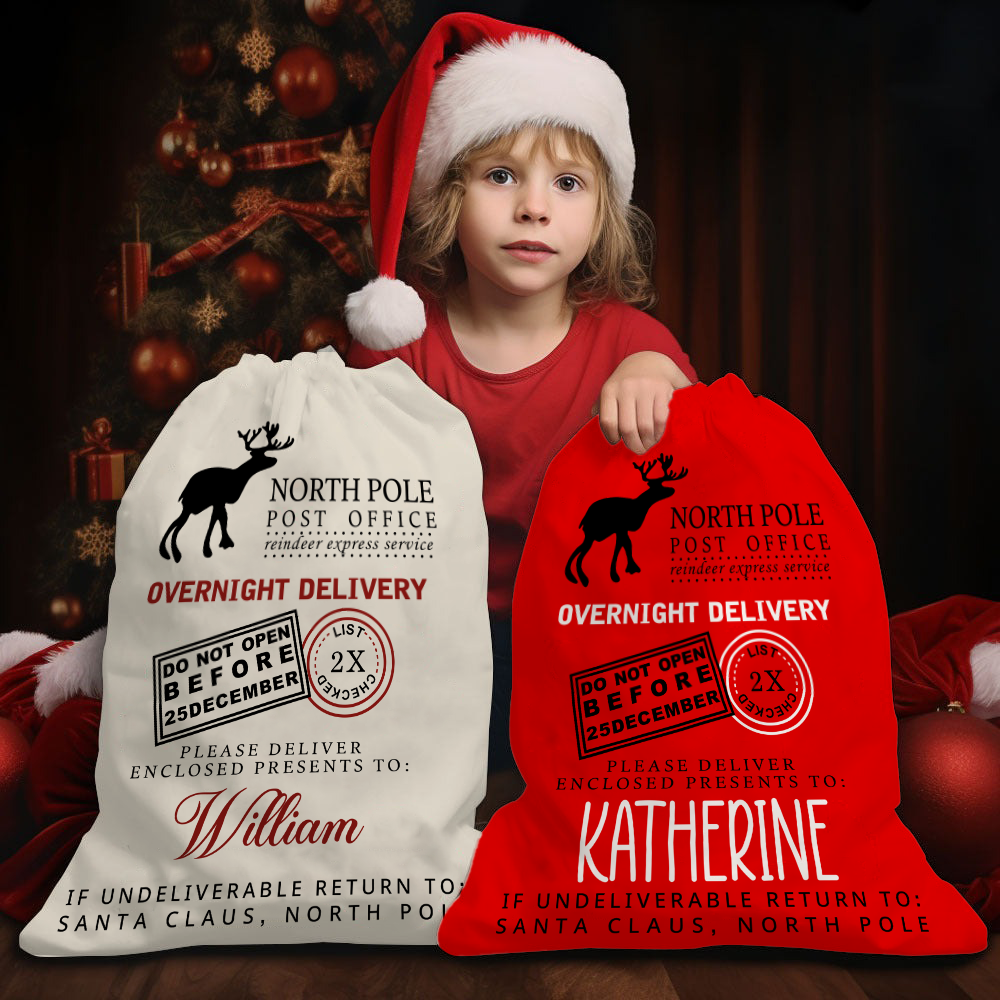Custom Name North Pole Post Office Santa Gift Bag - Personalized Santa Sack - Christmas Gift For Family, Kids, Grandkids
