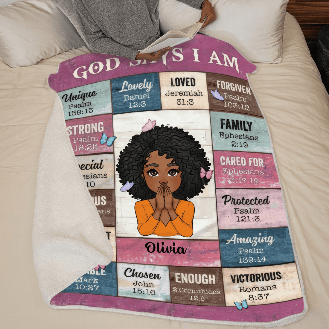 "God Says I Am" Bible verse blanket with child avatar and name, sherpa reverse side folded back