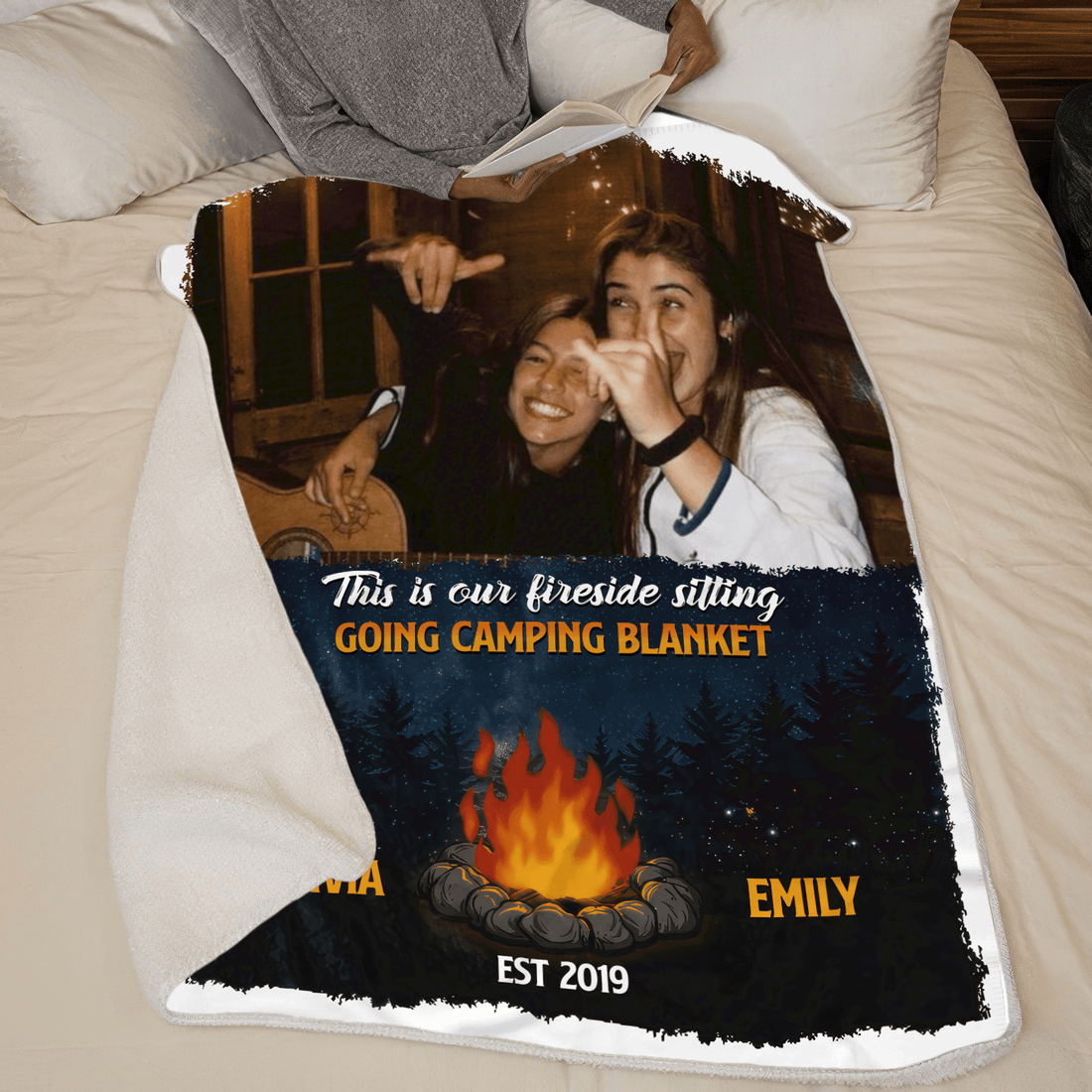 Personalized Camping Photo Blanket fleece blanket, spread across a bed
