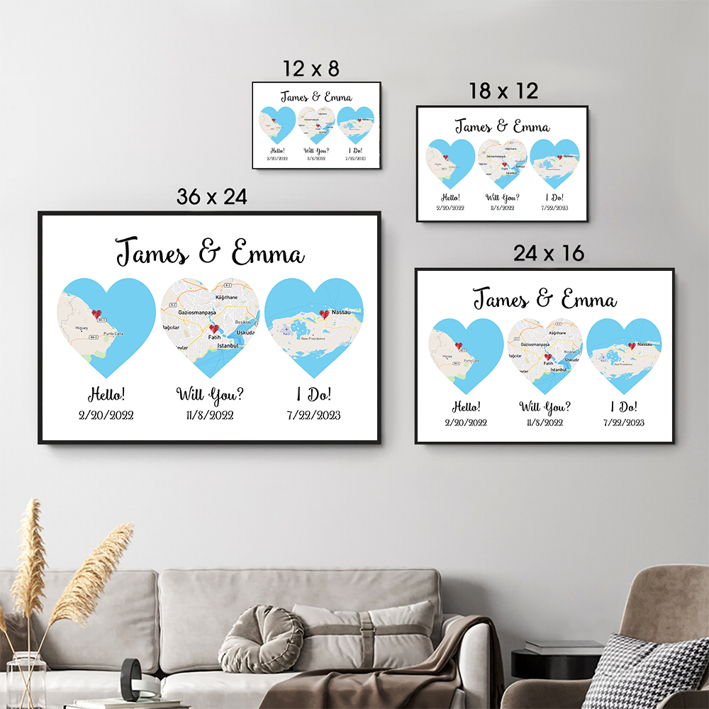 Personalized Hello canvas print, size options shown on a sofa wall
