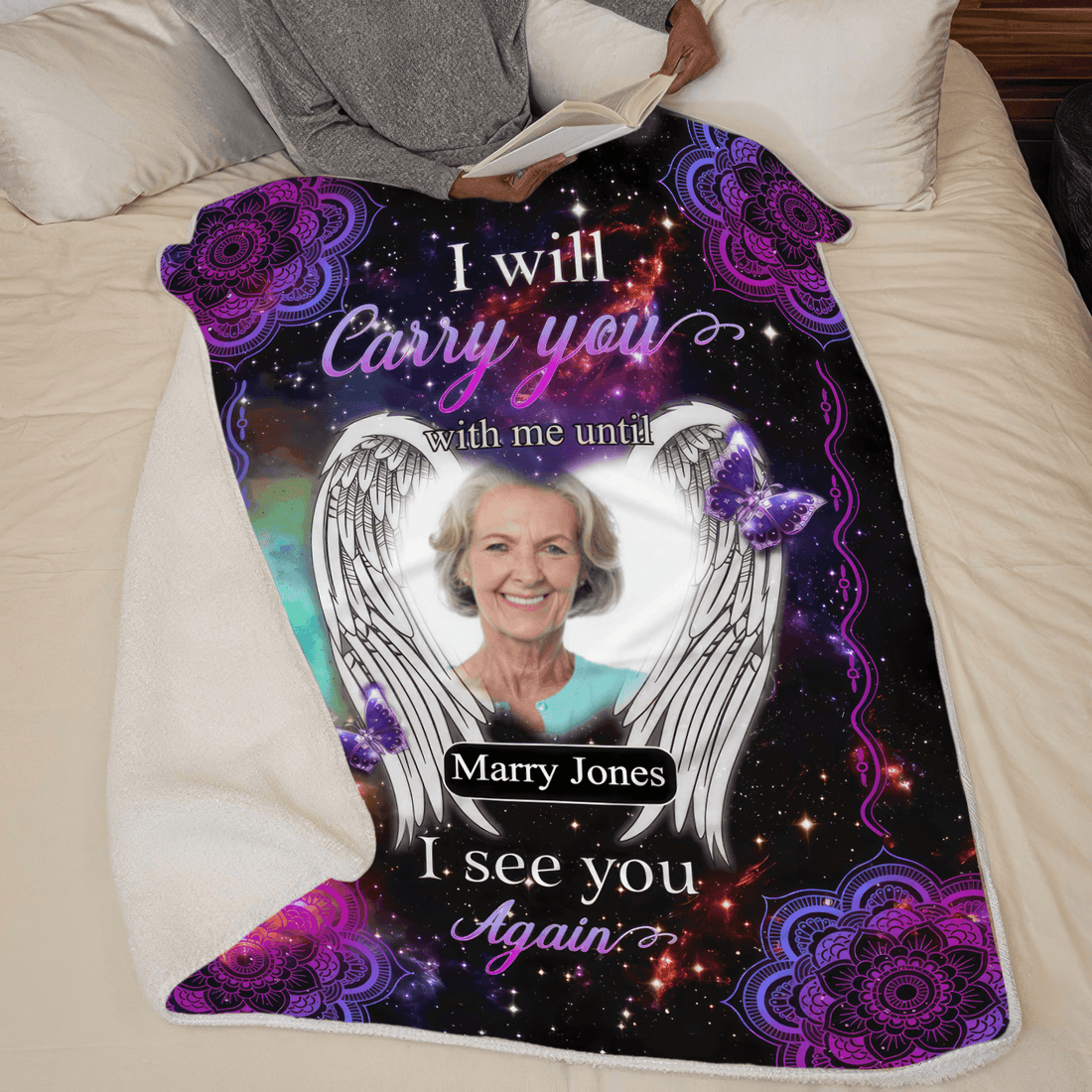 Personalized Custom Photo Memorial Until I See You Again fleece blanket, spread across a bed