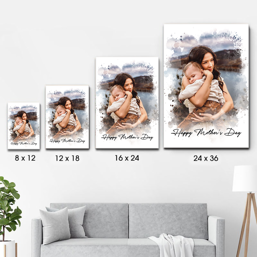Custom Photo Watercolor Mom Portrait poster, size options shown on a sofa wall