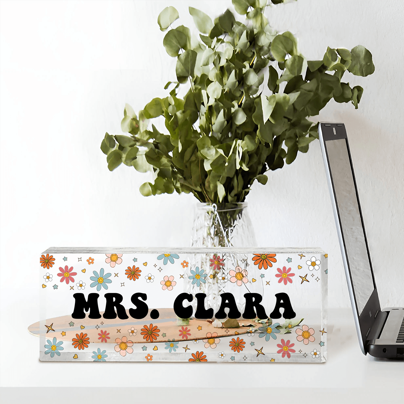 Flower Teacher Name - Personalized Custom Desk Name Plate, Name Sign, Acrylic Plaque - Back To School/First Day Of School, Birthday, Loving, Funny Gift for Teacher, Kindergarten, Preschool, Pre K, Paraprofessional - Suzitee Store