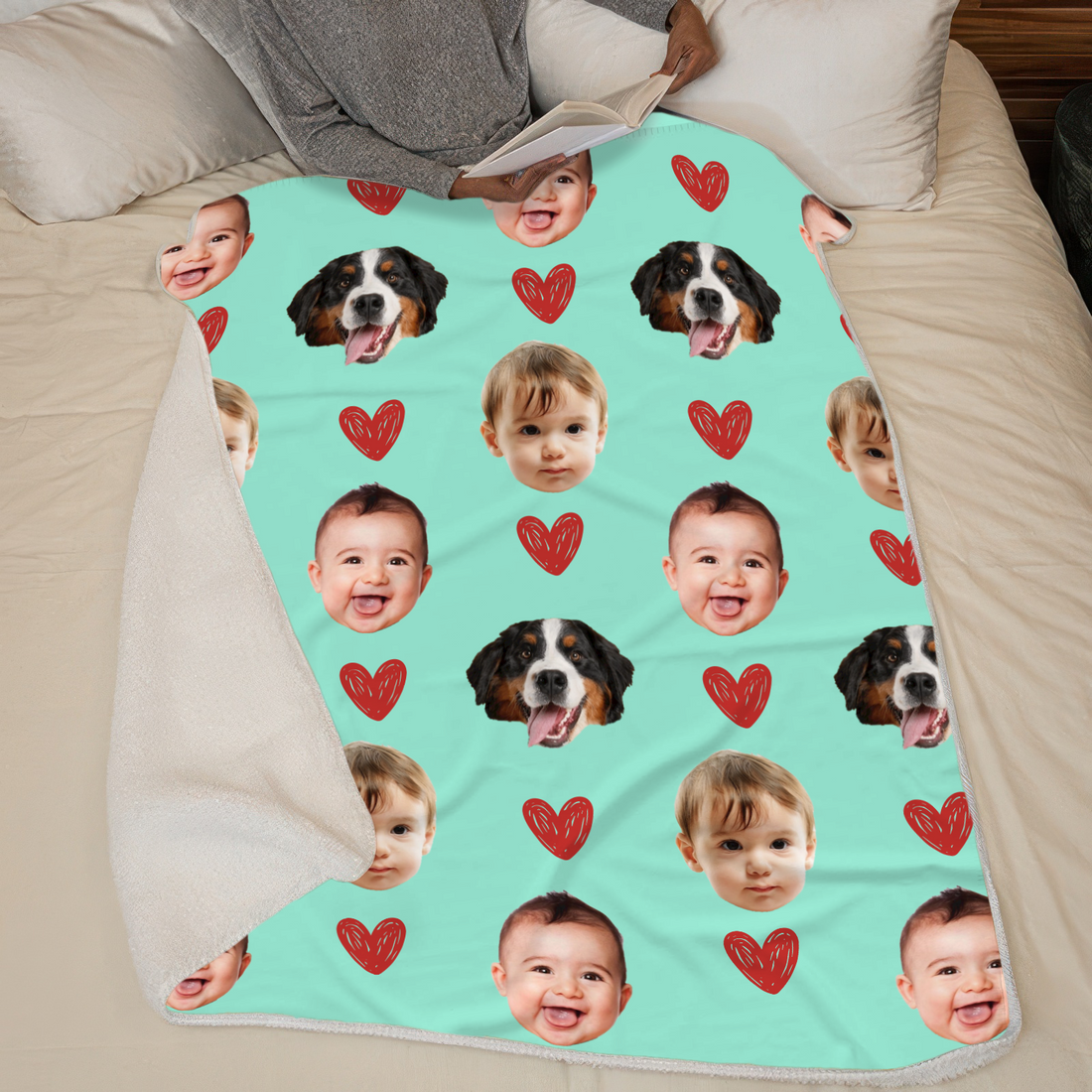 Personalized Custom Photo Face Family Blanket fleece blanket, sherpa reverse side folded back