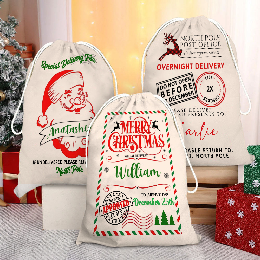 Custom Name Merry Christmas Santa Gift Bag - Personalized Santa Sack - Christmas Gift For Family, Kids, Grandkids