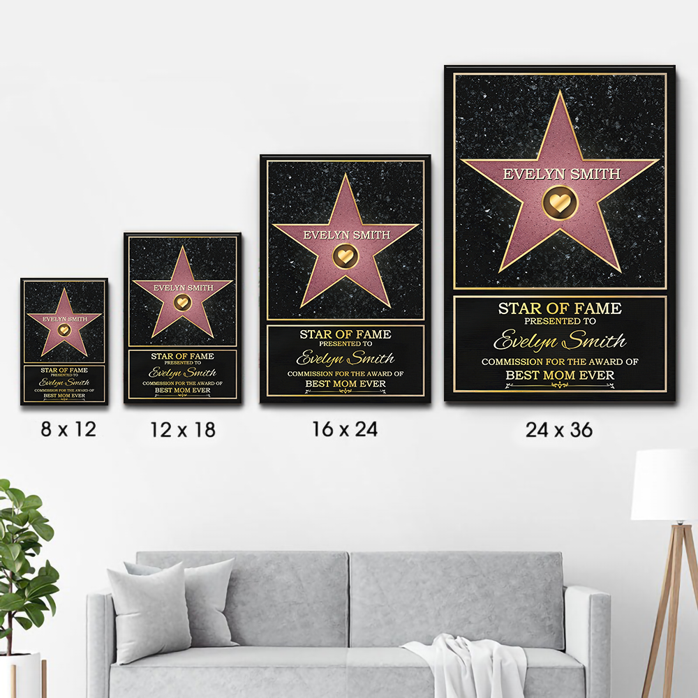 Personalized Mom or Grandma's Custom Star of Fame Canvas Print, size options shown on a sofa wall