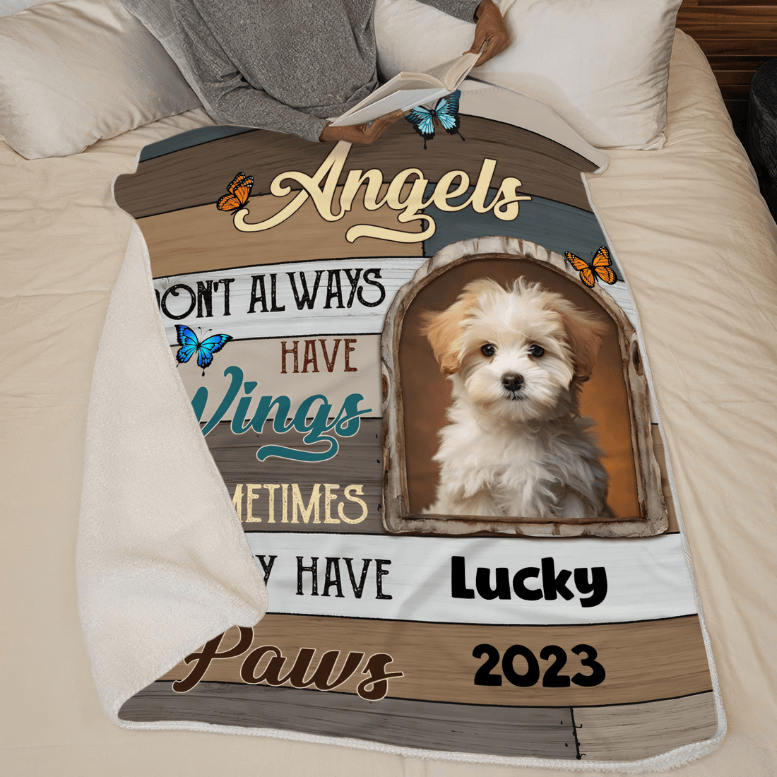 Custom Photo Memorial Angels Sometimes They Have Paws fleece blanket, spread across a bed