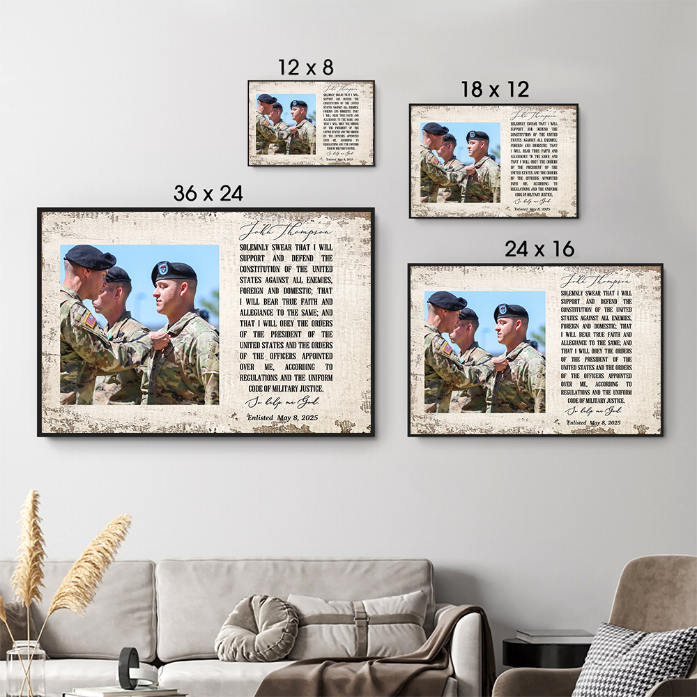 Personalized Oath of Enlistment Oath of Commissioned Officer poster, size options shown on a sofa wall