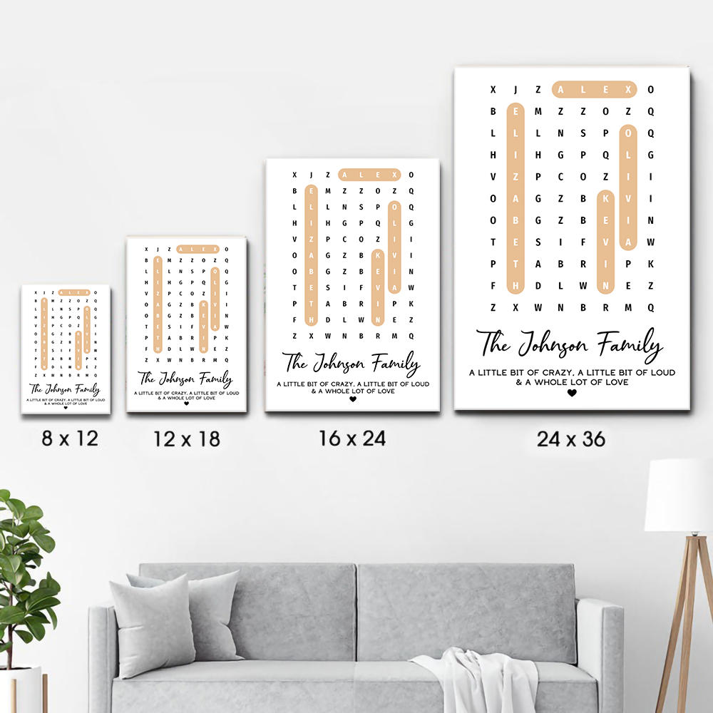 Personalized Family Name Word Search Puzzle Created In A Moment canvas print, size options shown on a sofa wall