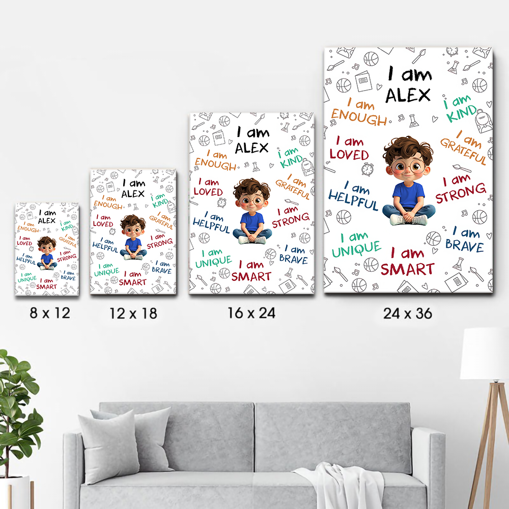 Personalized I Am Enough, Loved, Helpful, Unique, Smart canvas print, size options shown on a sofa wall