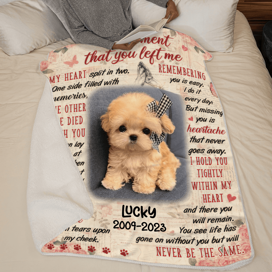 Personalized Custom Photo The Moment That You Left Me fleece blanket, spread across a bed