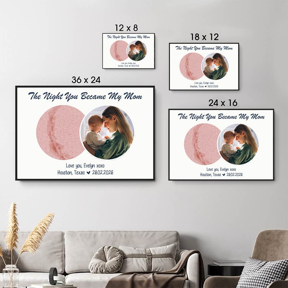 Custom Photo The Night You Became My Mom poster, size options shown on a sofa wall