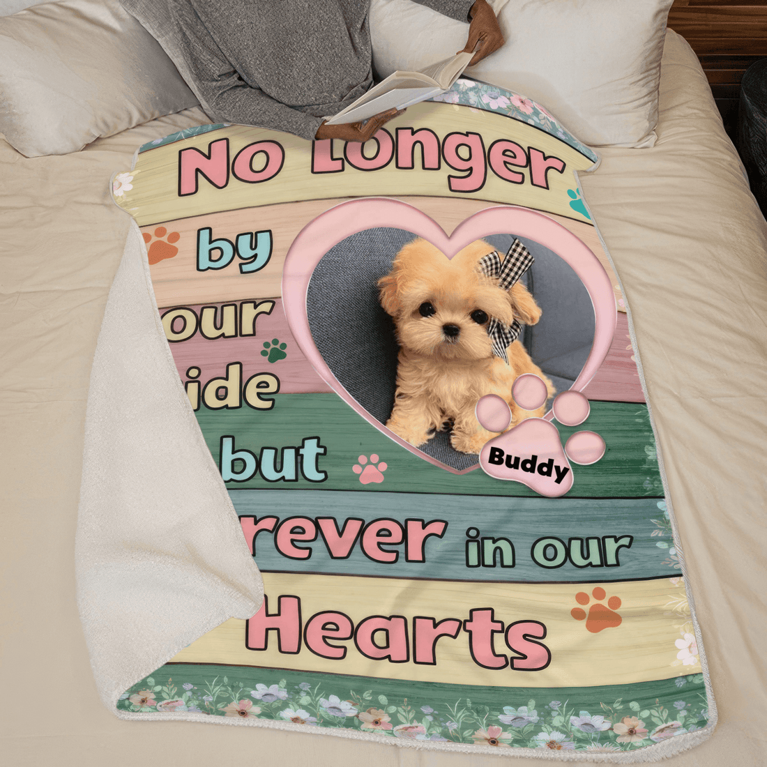 Custom Photo No Longer By Our Side But Forever In Our Hearts fleece blanket, spread across a bed