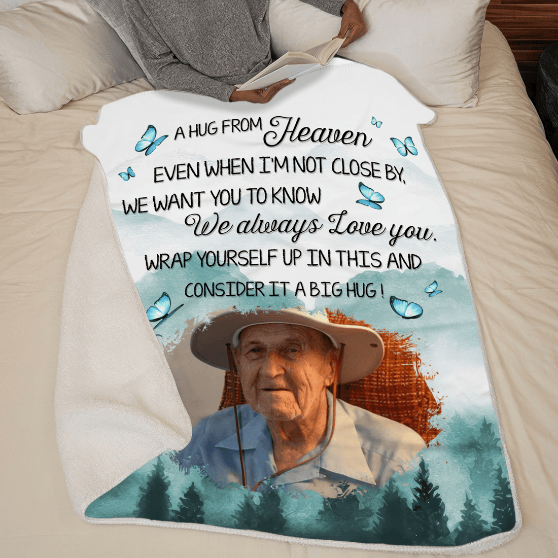 Custom Photo I Always Love You fleece blanket, spread across a bed