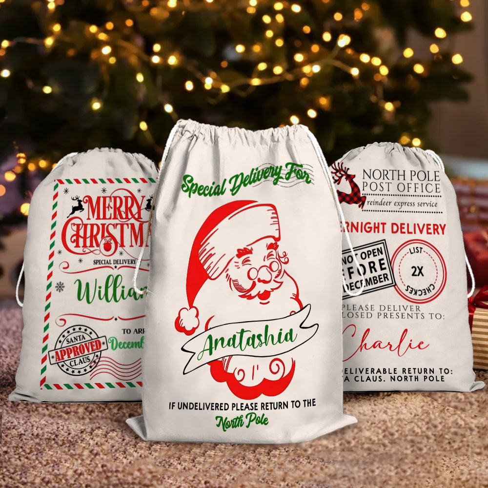 Custom Name Merry Christmas Santa Gift Bag - Personalized Santa Sack - Christmas Gift For Family, Kids, Grandkids