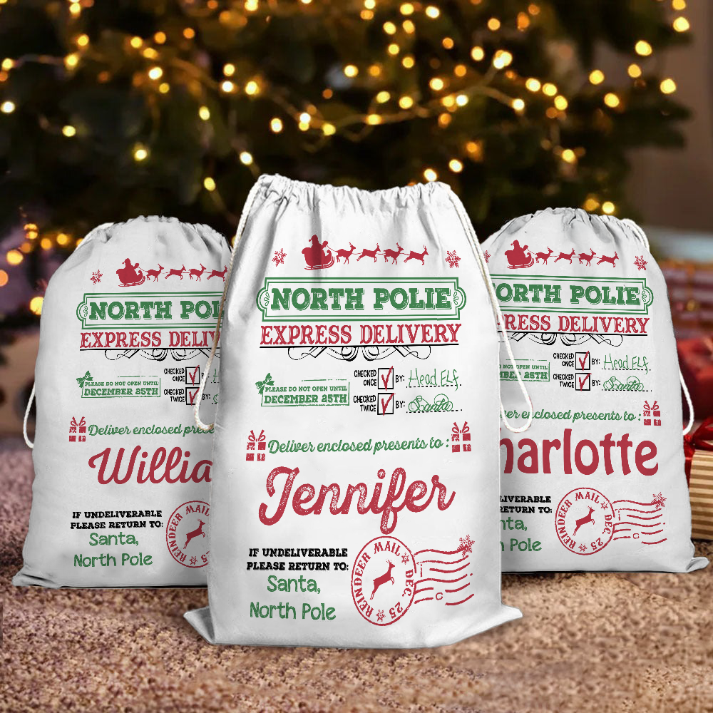 Custom Name North Pole Santa Gift Bag - Personalized Santa Sack - Christmas Gift For Family, Kids, Grandkids