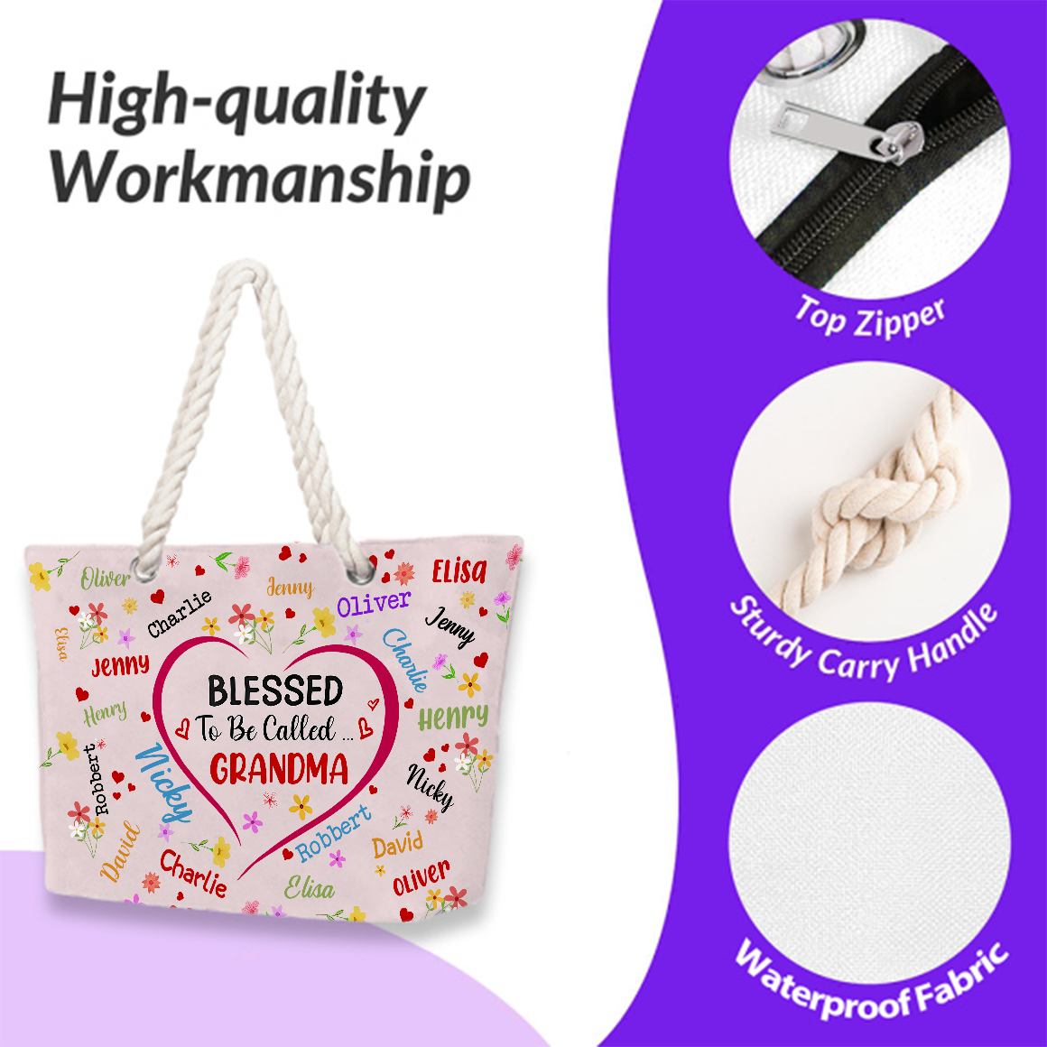 Bless To Be Called Grandma Nana Mom – Personalized Beach Bag - Gift for Mom, Wife, or Grandma | Birthday, Mother's Day or any occasion