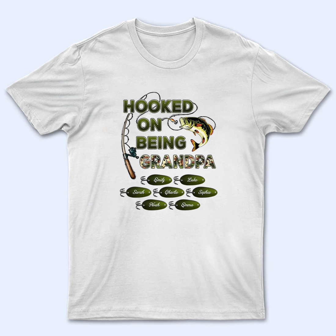 Personalized Hooked On Being Grandpa Papa Fishing Camouflage t-shirt, alternate view 2