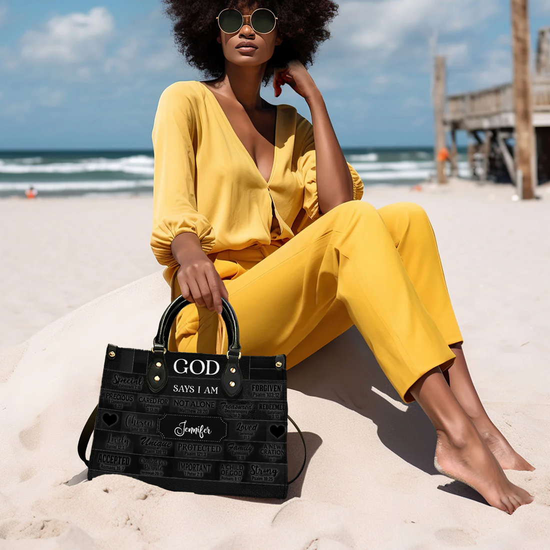 Personalized Christianartbag God Says I Am Black leather handbag, worn on a beach