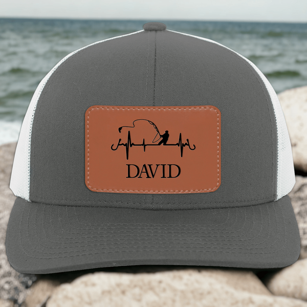 Fishing Trucker Hat - Personalized Leather Patch Hat - Father's Day Gift for Him, Husband, Daddy, Fishing Lovers