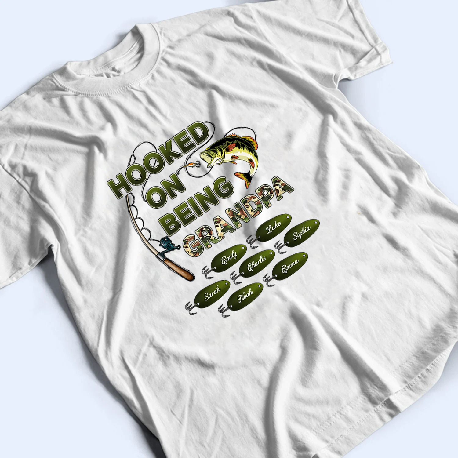 Hooked On Being Grandpa Papa Fishing Camouflage - Personalized Custom T Shirt - Gift for Dad, Papa, Grandpa, Daddy, Dada