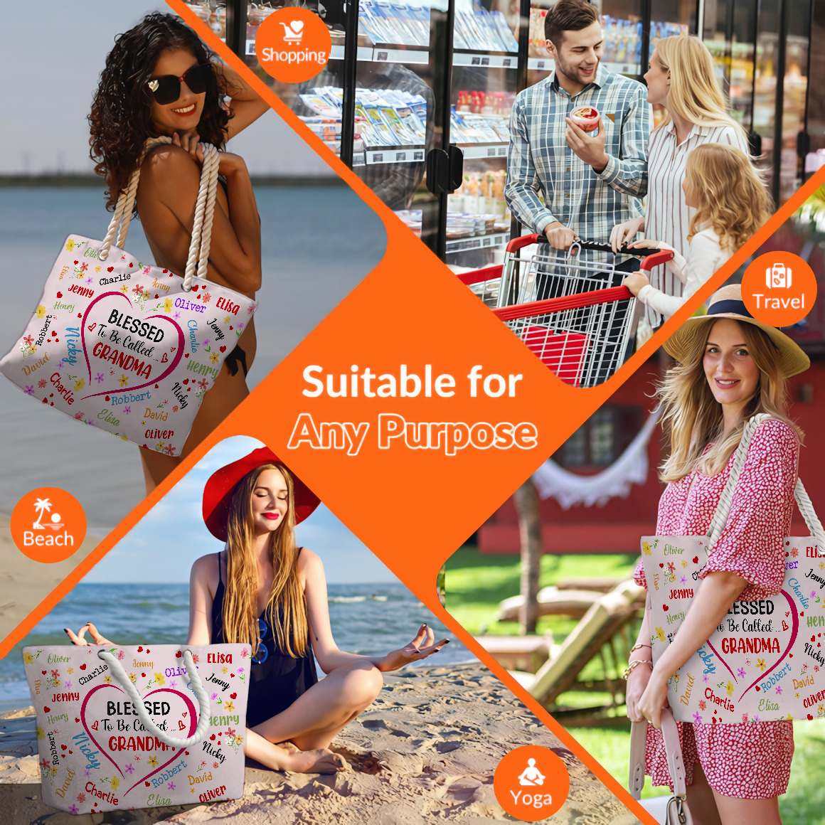 Bless To Be Called Grandma Nana Mom – Personalized Beach Bag - Gift for Mom, Wife, or Grandma | Birthday, Mother's Day or any occasion