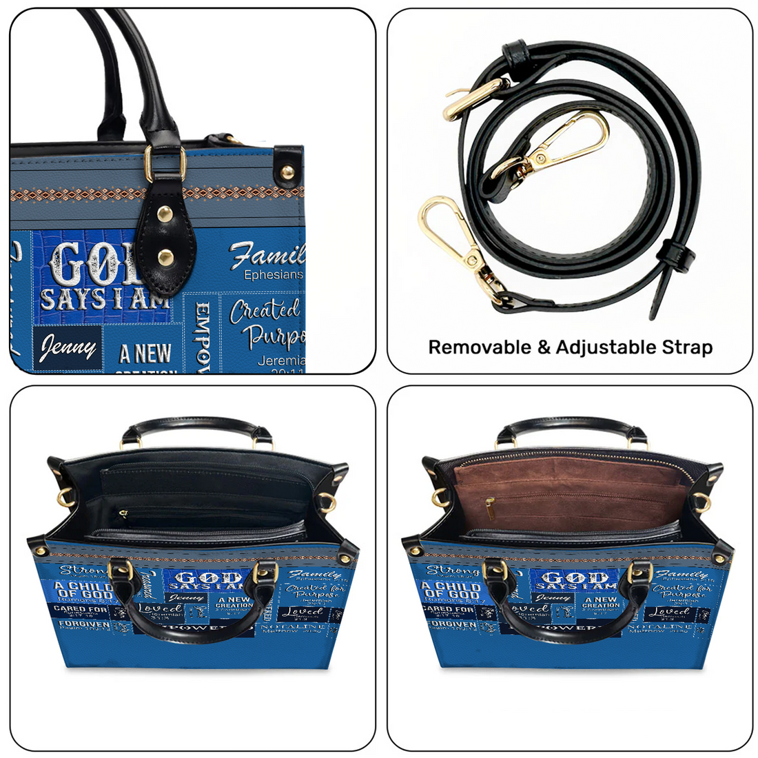 Personalized God Says I Am Leather Handbag Blue, worn on a beach