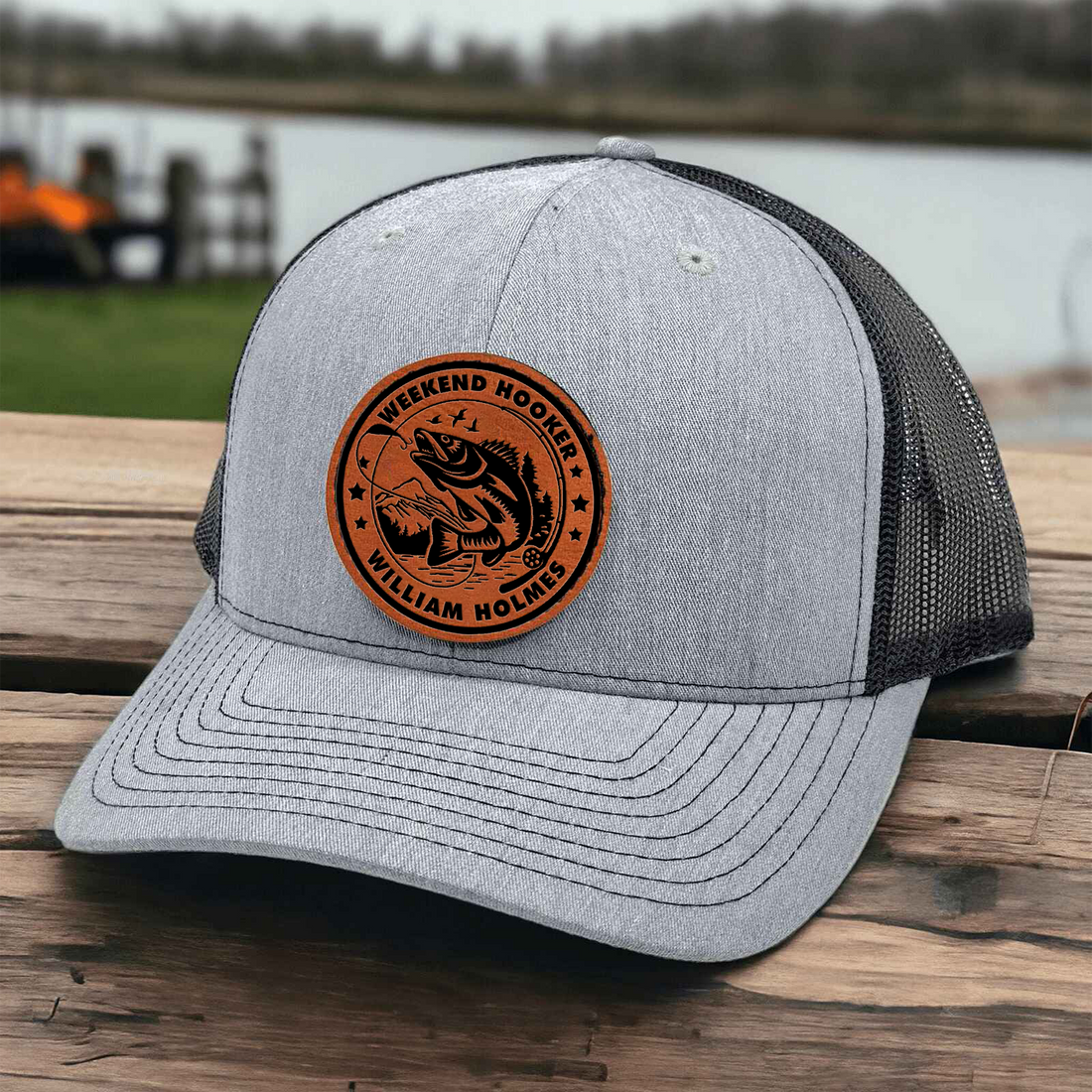 Personalized Weekend Hooker Funny Fishing leather patch hat, alternate view 2
