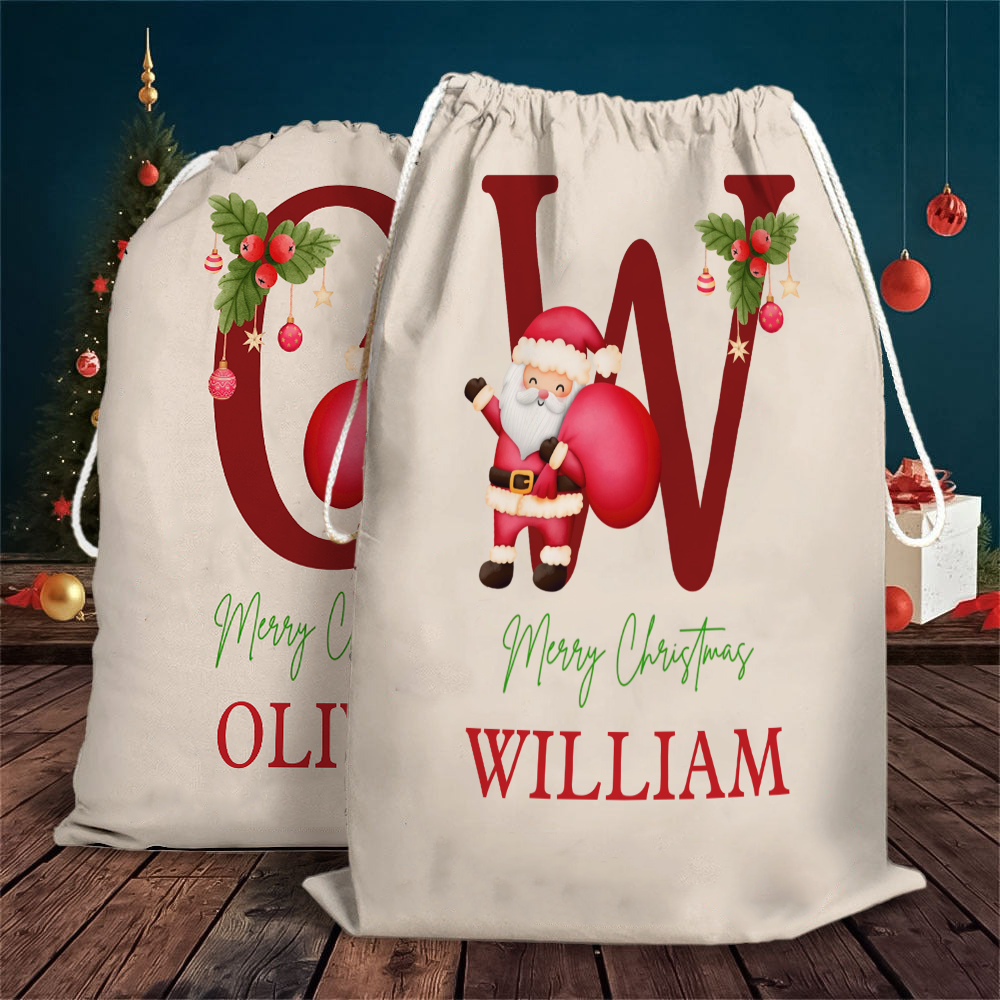 Custom Name & Initial Santa Gift Bag - Personalized Santa Sack - Christmas Gift For Family, Kids, Grandkids