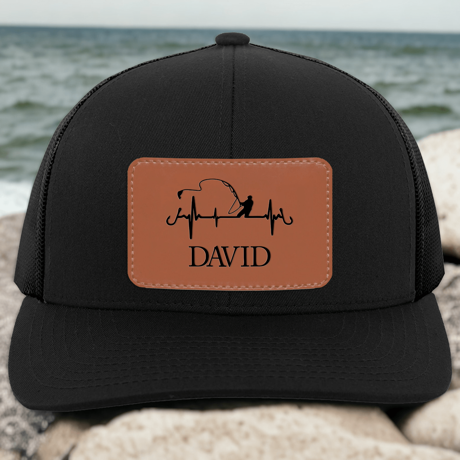 Fishing Trucker Hat - Personalized Leather Patch Hat - Father's Day Gift for Him, Husband, Daddy, Fishing Lovers