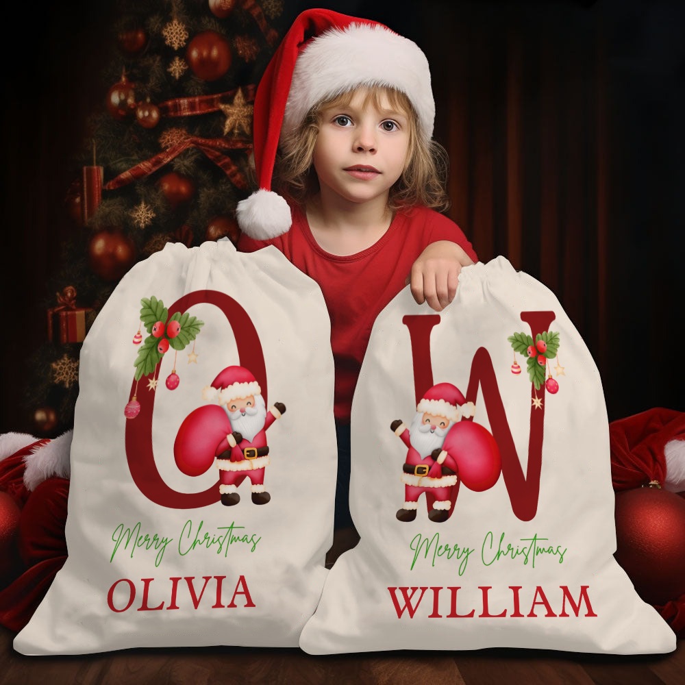 Custom Name & Initial Santa Gift Bag - Personalized Santa Sack - Christmas Gift For Family, Kids, Grandkids