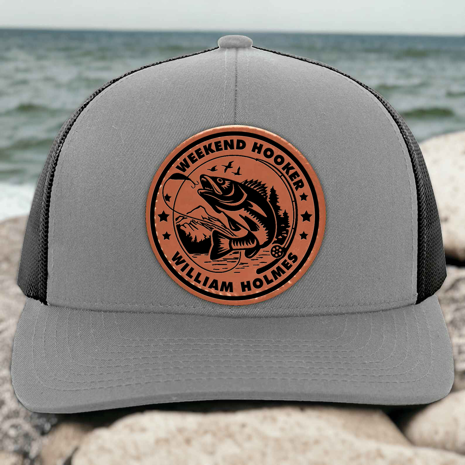 Weekend Hooker Funny Fishing - Personalized Leather Patch Hat - Gift for Him, Husband, Daddy, Fishing Lovers