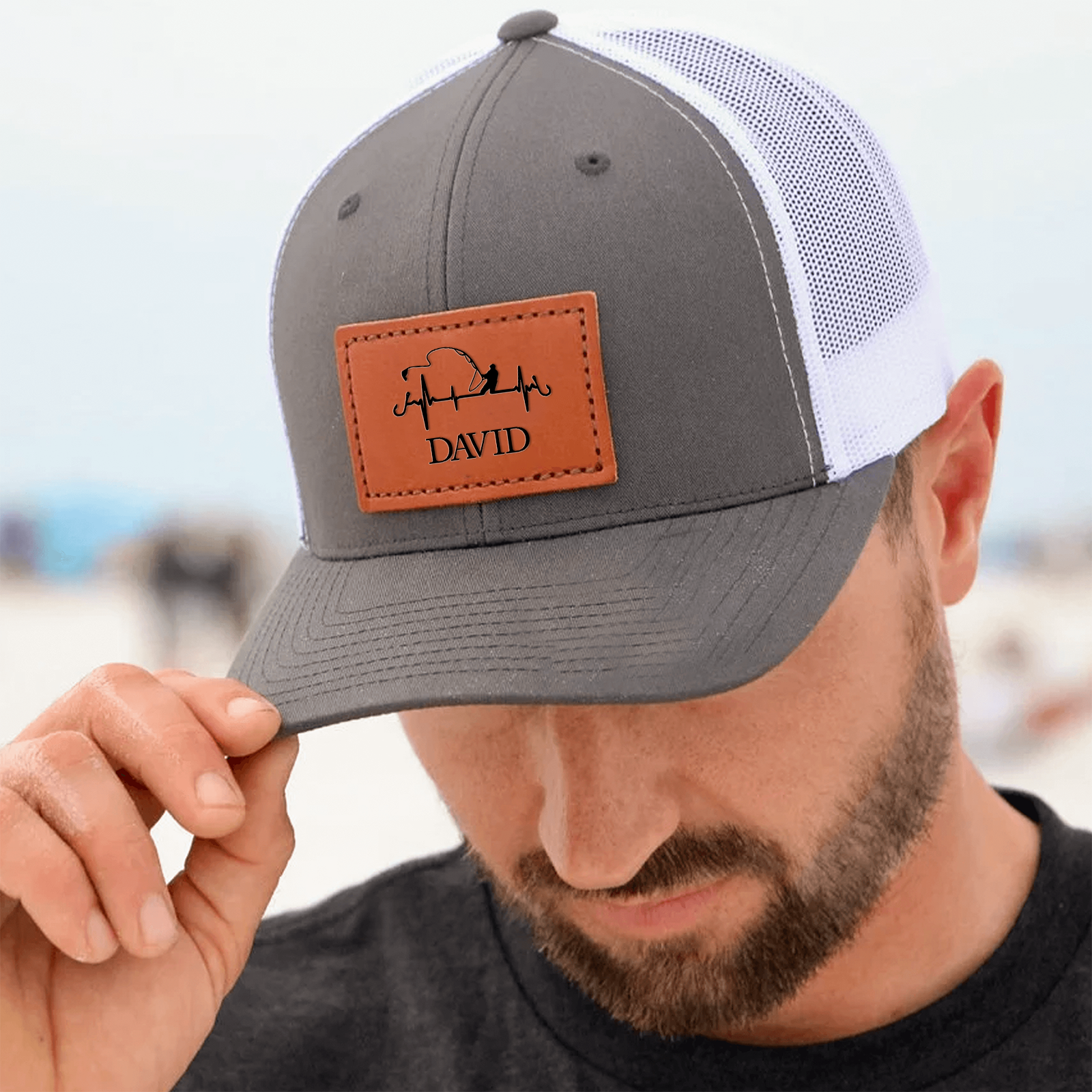 Fishing Trucker Hat - Personalized Leather Patch Hat - Father's Day Gift for Him, Husband, Daddy, Fishing Lovers